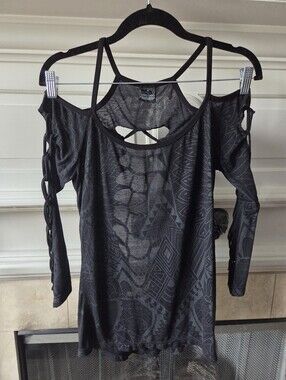 Gado Gado Handmade Bali Black Tribal Cold Shoulder Ladder Back Top M